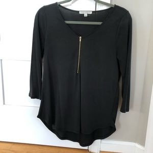 Green Envelope Black V-Neck Quarter Zip Blouse Sm